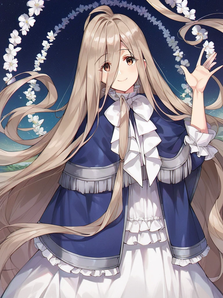 score_9, score_8_up, score_7_up, score_6_up, 1girl, sense \(sousou no frieren\),brown eyes,very long hair,absurdly long hair,hair between eyes,eyes visible through hair, blue capelet,frilled dress,white long dress, detailed, source_anime, cute smile, waving at you, in a peaceful lake background, mid day