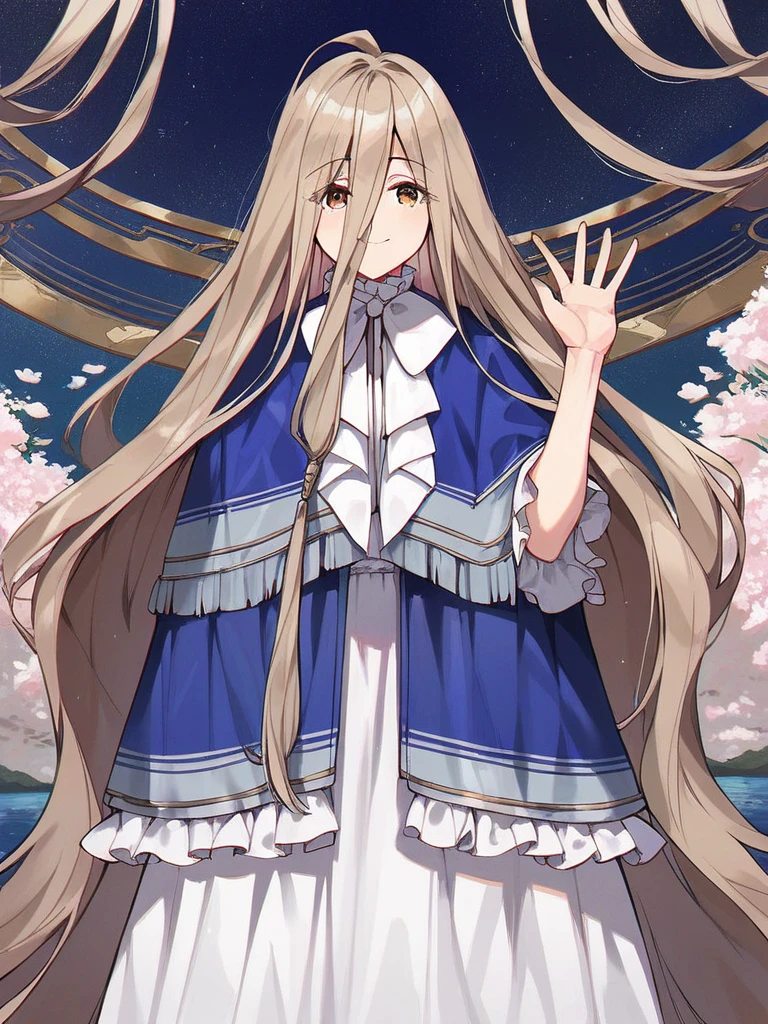 score_9, score_8_up, score_7_up, score_6_up, 1girl, sense \(sousou no frieren\),brown eyes,very long hair,absurdly long hair,hair between eyes,eyes visible through hair, blue capelet,frilled dress,white long dress, detailed, source_anime, cute smile, waving at you, in a peaceful lake background, mid day