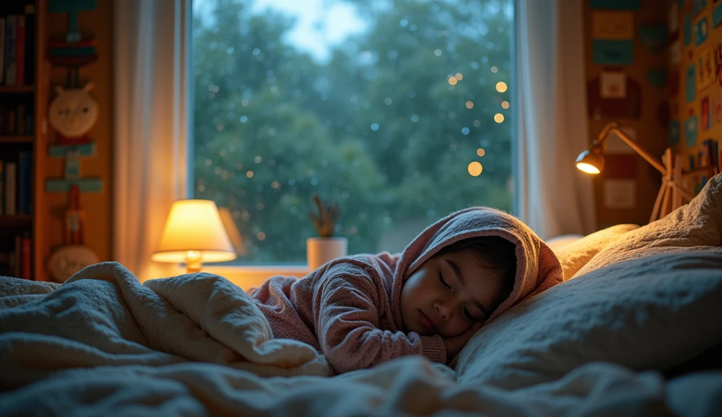 A Muslim girl in a headscarf,sleeping soundly in her room.rain on the glass window of a rainy night Muslim girl glass night rain woman