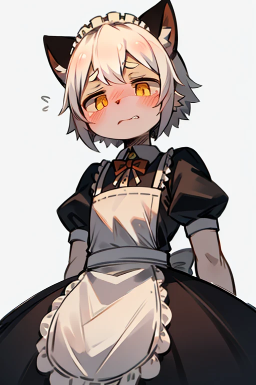 Maid uniform、Cat、 1、Golden Eyes、160 cm、bare-handed、Disgusting face、Embarrassed face、male,White hair,cute
