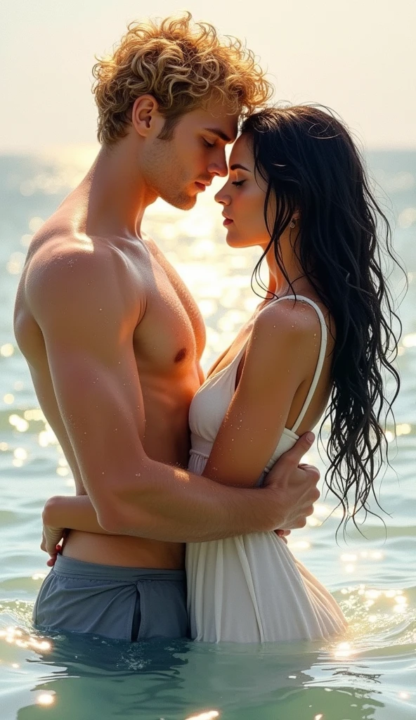Soft lighting、Dramatic Shadows、A calming color palette、
Couple: Blond man (expensive, Statue-like, good looking, A brave young man with blue eyes, Curly Blonde,)Black-haired woman(Sensual woman、Beautiful and detailed、Beautiful and delicate lips、Highly detailed face、Long eyelashes、Elegant appearance、Beautiful young woman, she has blackberry eyes, Black panties、Sensual pose、Bold Pose、The skin is damp、sweating、Expressions of Ecstasy、Heavily wet、With Water Drops). They are in love with each other. Sketch of、Beautiful Face, Beautiful Face立ち, Perfect image, , Full body image, Detailed Images, Highly detailed illustration, Carefully drawn.watercolor、Naked and entangled