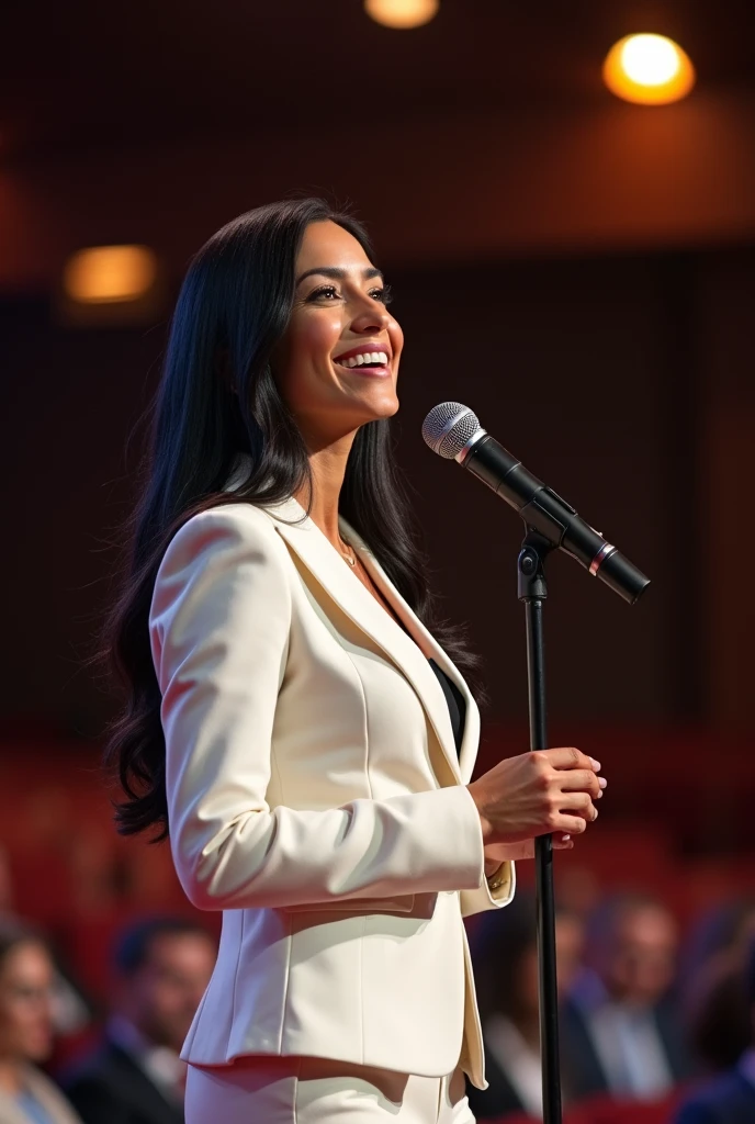 Latin woman, of 1,80 meters high, slim brunette, straight black hair without waves, large eyes, elongated profile , threaded nose, medium thick lips, with a beautiful smile, professional, sophisticated executive, dressed in white, speaking through a microphone in an auditorium