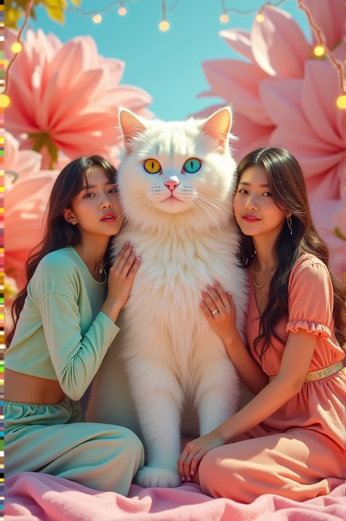 I'm taking photos for a new concept album. Create a girl group concept photo with a giant white cat with two-colored eyes