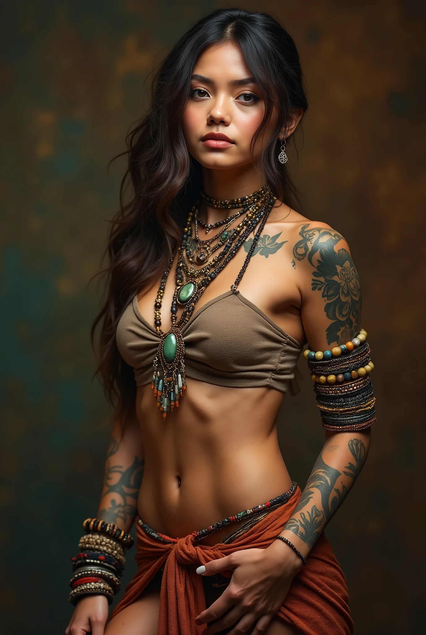 a beautiful woman, slender and curvy, (detailed large breasts:0.75), slightly toned stomach, ample hips, thick thighs, ((realistic skin:1.5))), tribal meets bohemian, tattoos, piercing, bohemian jewelry, modern, she is so cute and curvy, raw, seductive, mixed of colors and materials, intricate details, fashion photography, highly detailed, highest quality,