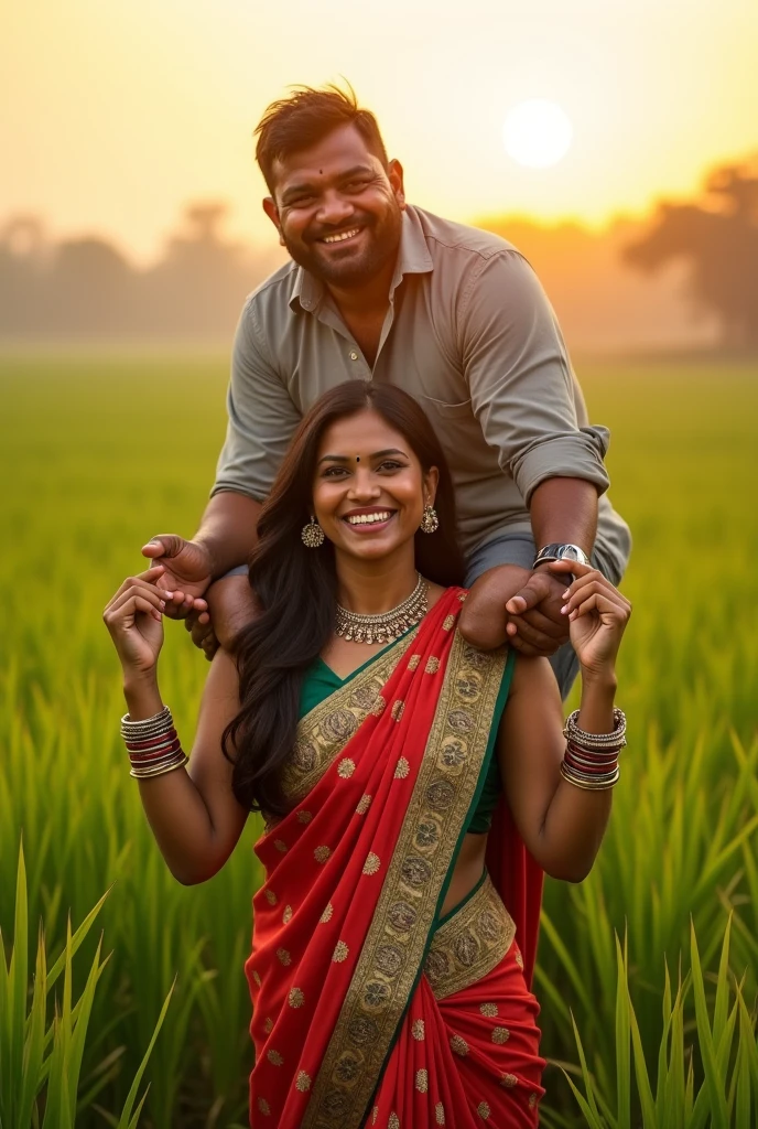 Create a realistic photograph of a smiling and beautiful indian village hot woman in silk sare is carrying a large stout man on her shoulder , in a paddy farm, man is sitting on top of her shoulder , man on top, woman standing at bottom