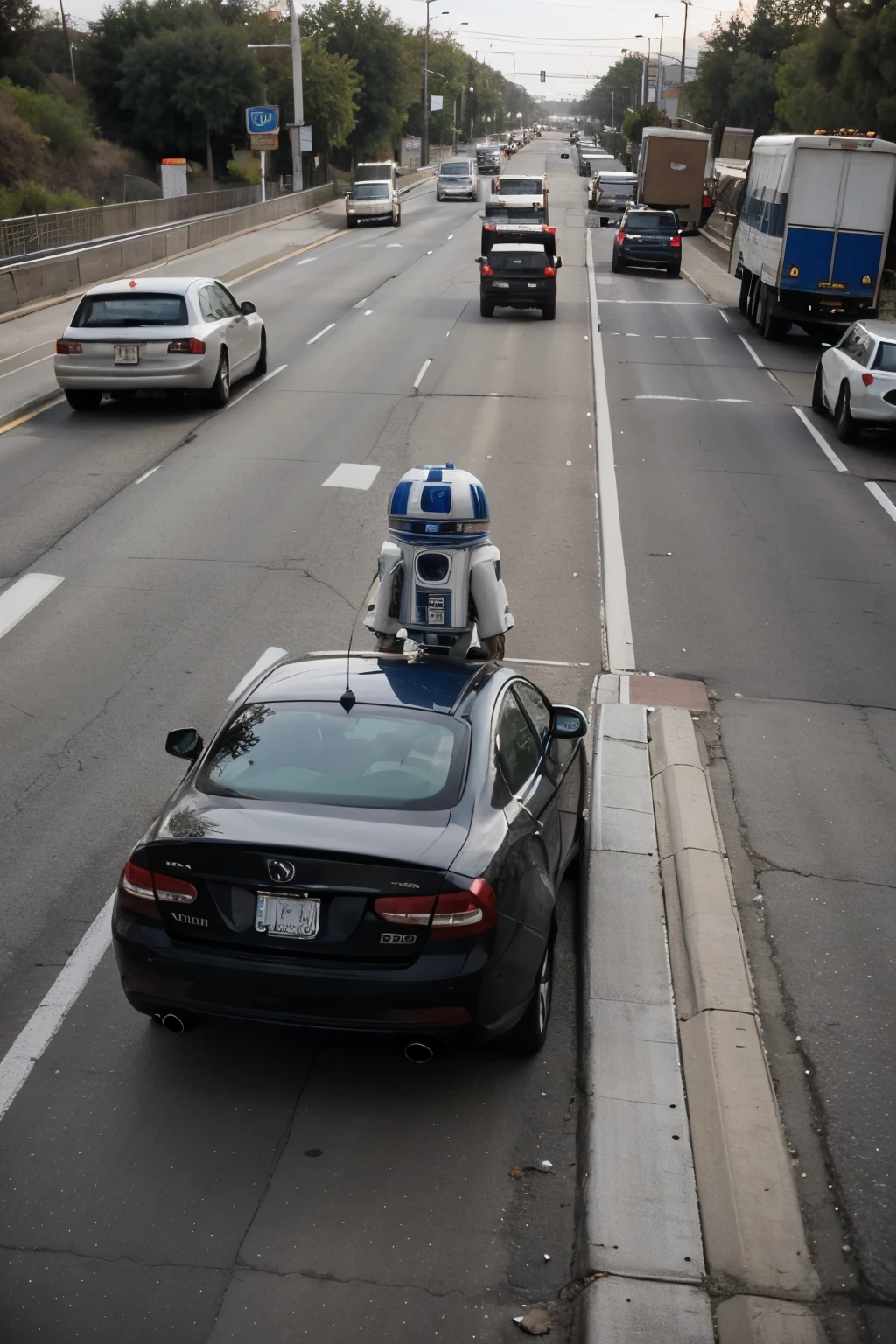 Traffic Jams: The Falcon gets stuck on the 405 freeway during rush hour. R2-D2 beeps impatiently.