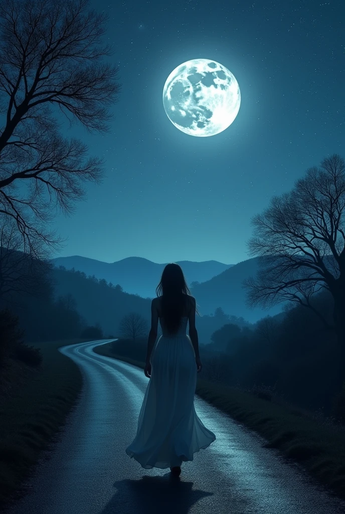A lady walking in a stary night on a road,add a full moon in the sky