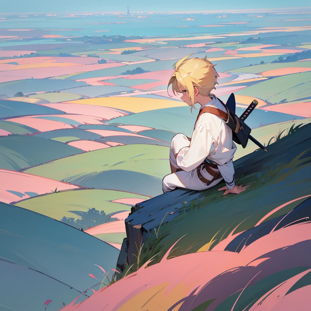 Anime style, 1:1, 4k, colored.
landscape Grassland with a blonde Warrior boy sitting on the edge of a cliff, angle from behind the child.
wearing white clothes with a European-style sword on his back belt, mounted horizontally.
leaning with both hands.
a child on the right side of the image, and scenery on the rest.
medieval, langit colored putih dan pink.
art style soft pastel, cat air.
