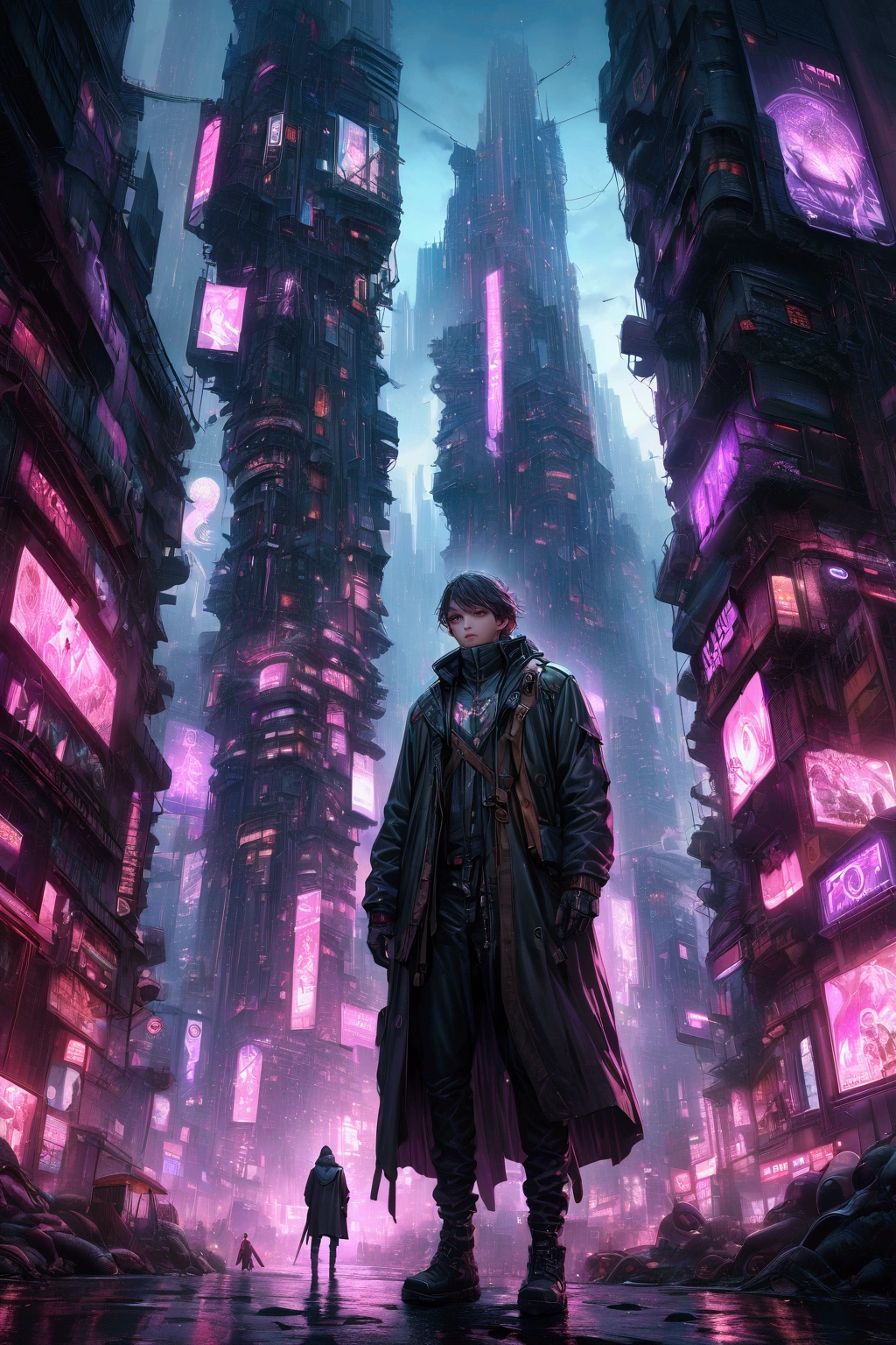 (((ultra realistic))) Photo, masterpiece, top quality, (Ultra detailed face and eyes), 1 man, a lone gunman in a futuristic cyberpunk city, detailed cinematic lighting, dramatic atmosphere, dark sinister cityscape, neon glowing lights, high tech skyscrapers, moody colors, cinematic composition, hyper-realistic, ultra-detailed, 8k, photorealistic, award winning artwork, masterpiece, b1llb0ard, sign, 