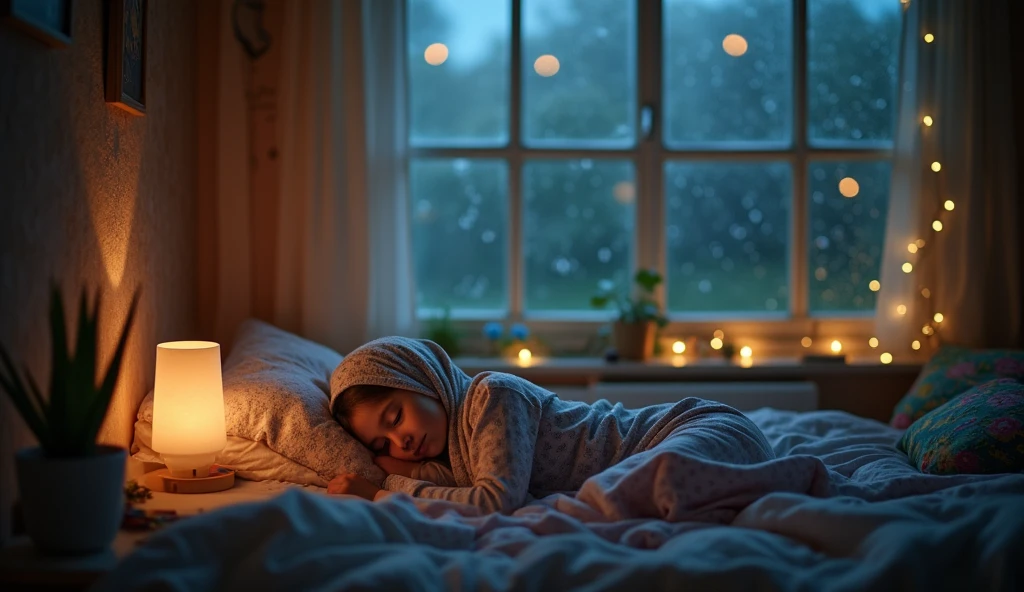 A Muslim girl in a headscarf,sleeping soundly in her room.rain on the glass window of a rainy night Muslim girl glass night rain woman