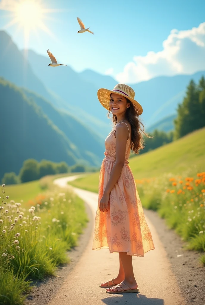 Create an image of a standing confidently on a picturesque road. She should have a youthful and vibrant appearance, with a radiant smile and a natural, carefree demeanor. Her outfit should be stylish and fitting for her age—perhaps a trendy, casual outfit like a flowy dress or a chic top with jeans. She could be accessorized with subtle jewelry or a fashionable hat.
The background should feature a stunning, scenic road winding through a picturesque landscape. The road should be flanked by lush, green meadows or fields, with a backdrop of rolling hills or distant mountains. The sky should be clear and bright, with the sun casting a warm, golden light over the scene. Add details like wildflowers along the roadside, and maybe a few birds flying in the sky, to enhance the serene and beautiful atmosphere of the setting