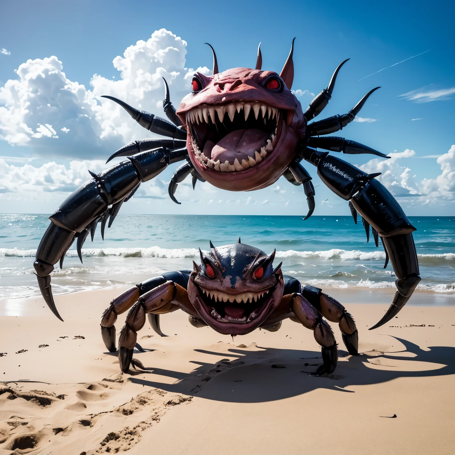 A scary monster is on the beach, it has the lower body of a crab and the head of a toothy fish. It is open mouthed threatening to attack. Show it from head to toe