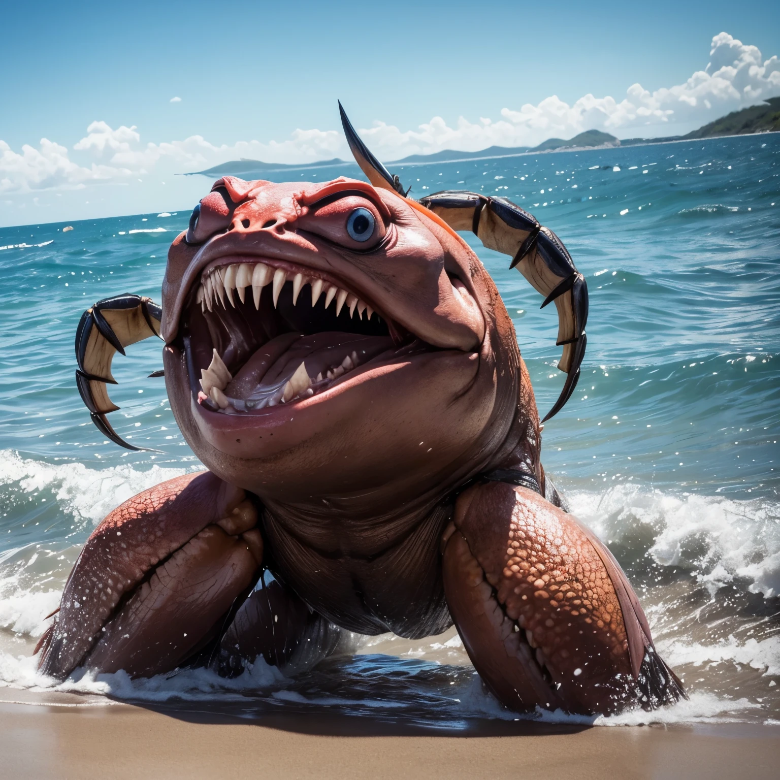 A scary monster is on the beach, it has the lower body of a crab and the head of a toothy fish. It is open mouthed threatening to attack. Show it from head to toe