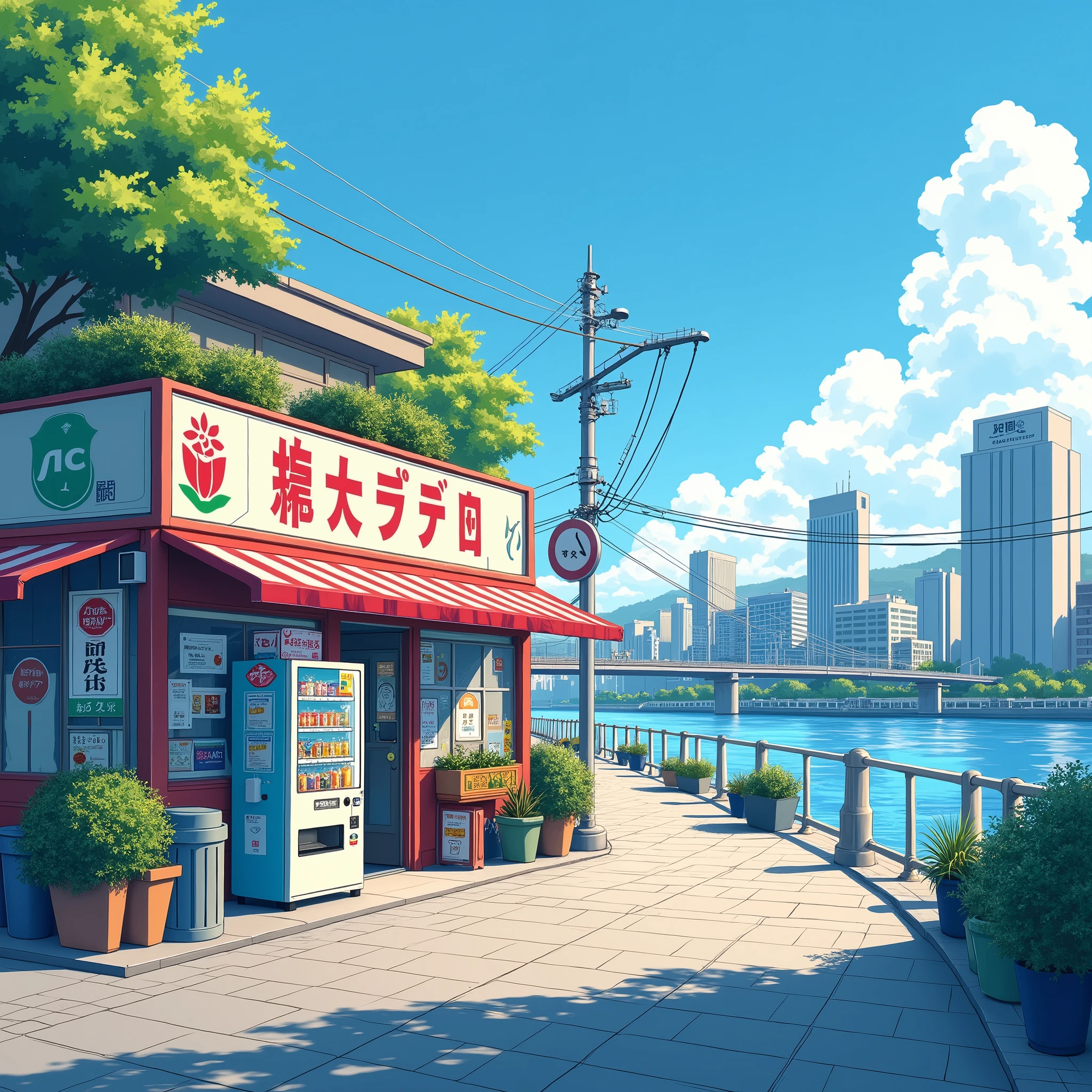 ((modern tokyo convenience store with a big vending machine outside: 1.3)) , ((camera facing the front of the store:1.2)), ((next to a river: 1.2)), detailed anime artwork, urban, tokyo anime scene, ((bright blue sky: 1.0)), extra detailed, very detailed, japanese shop banners, plant pots, trash cans, anime style, anime, lofi, lofi vibe, ((best quality:1.5)), ((masterpiece:1.5)), ((highly detailed:1.3)), ((anime aesthetic:1.2)), ((no one: 1.2)), ((no people: 1.2))
