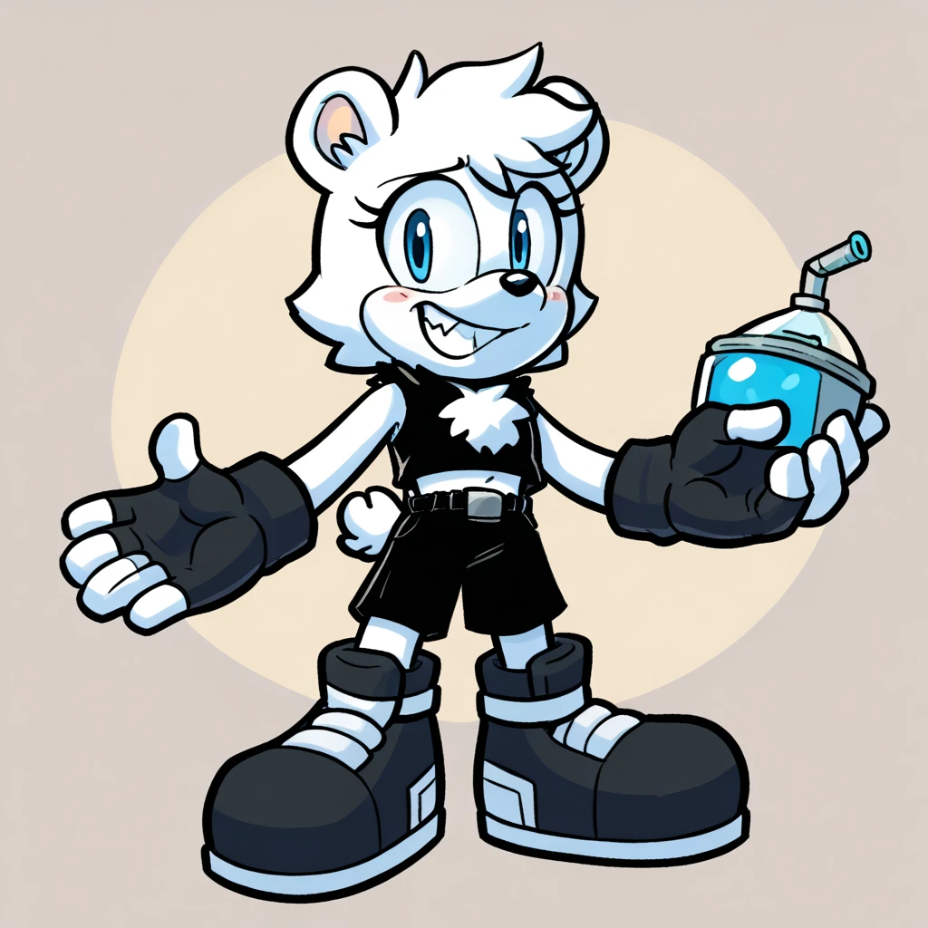 Custom avatar, big strong polar bear character, wearing black shorts, in the cyberspace￼, cgi backround, surrounded by junk,