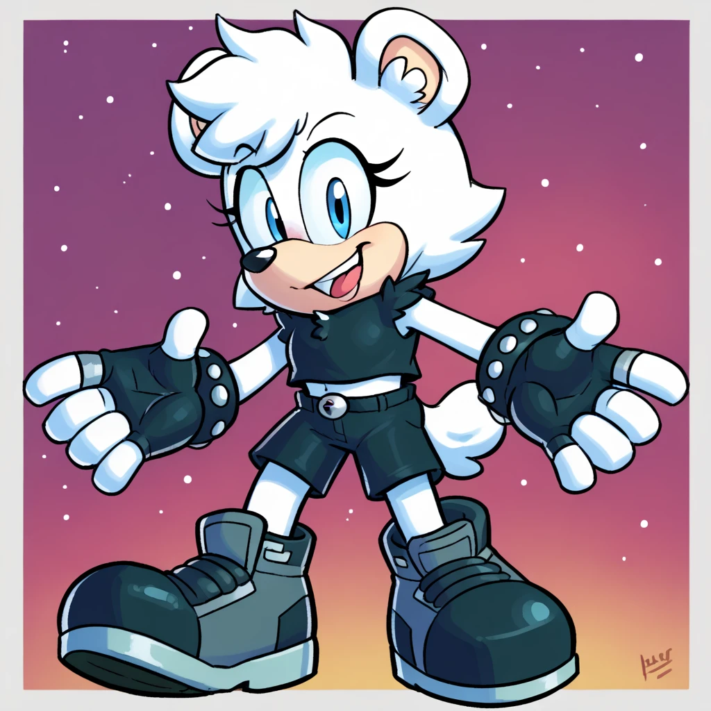 Custom avatar, big strong polar bear character, wearing black shorts, in the cyberspace, cgi backround, surrounded by junk,