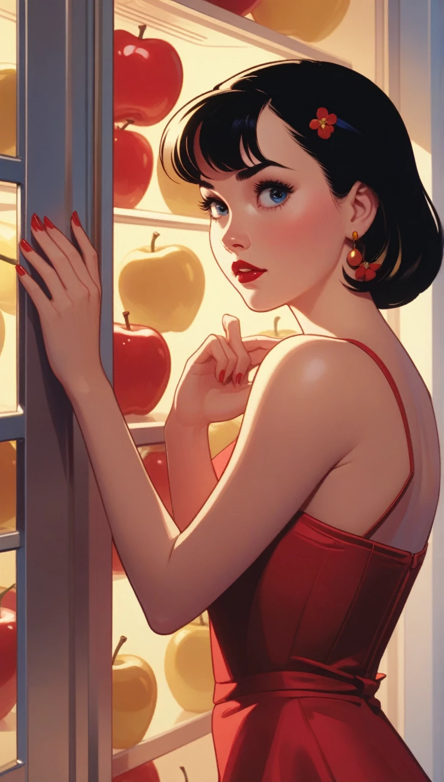 A close-up of a woman in a red dress , blue and yellow looking inside a refrigerator.,  Snow White, Art Style : Ilia Kuvshinov, artgerm and Ilia Kuvshinov, Ilia Kuvshinov. 4k, adam hughes, Betty Cooper, ( Ilia Kuvshinov ), inspired by Ross Tran, In the style of Ross Tran, Detailed hands 