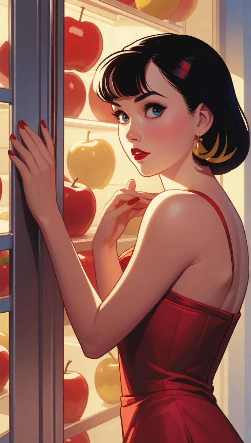 A close-up of a woman in a red dress , blue and yellow looking inside a refrigerator., Snow White, Art Style : Ilia Kuvshinov, artgerm and Ilia Kuvshinov, Ilia Kuvshinov. 4k, adam hughes, Betty Cooper, ( Ilia Kuvshinov ), inspired by Ross Tran, In the style of Ross Tran, Detailed hands