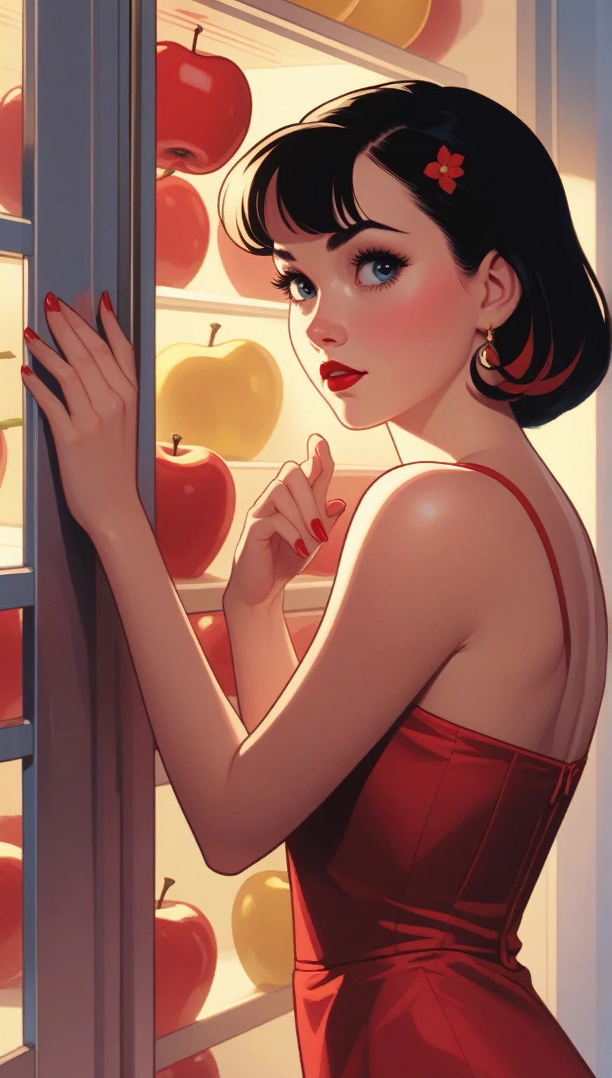 A close-up of a woman in a red dress , blue and yellow looking inside a refrigerator., Snow White, Art Style : Ilia Kuvshinov, artgerm and Ilia Kuvshinov, Ilia Kuvshinov. 4k, adam hughes, Betty Cooper, ( Ilia Kuvshinov ), inspired by Ross Tran, In the style of Ross Tran, Detailed hands