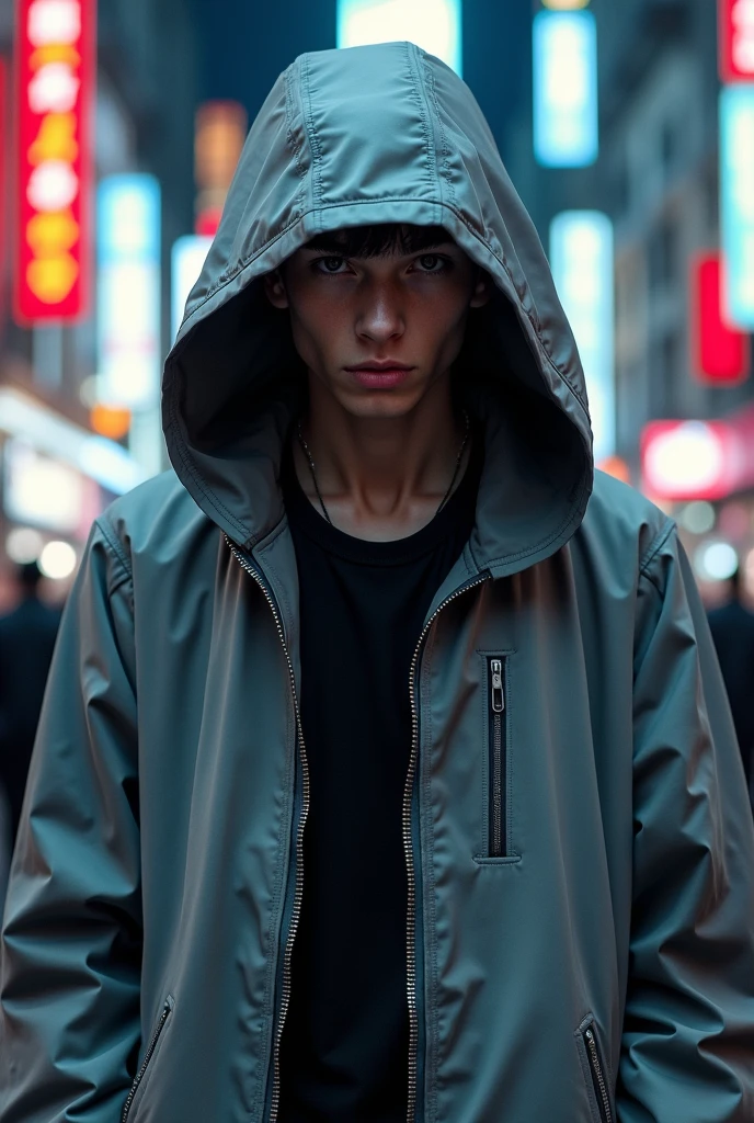 I want more images of guys with tech-y fashion where you can't see their faces. An icon that looks like a young, futuristic fashion with a hood that hides the face.、I wish the clothes were more messy, and I don't need to see the eyes。I'd prefer the outer clothing to be gray。In live action、Closing the hooded zipper in front of their face to hide their face.。Caucasian and、Wearing a nylon jacket over a sleeveless top.