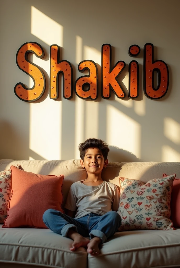 সোফায় বসে সাকিব নামের ছেলে,এবং পিছনে সাকিব লেখা আছে