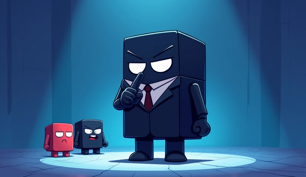 Create an anime-style image featuring three apps. The 'Blurrr' app is in the center, dressed in a black suit, striking a commanding pose with one finger on its lips, signaling the other two apps to be quiet. The 'CapCut' and 'Alight Motion' apps are shown in one corner, huddled together, appearing nervous and fearful, as if they are cornered. They should be large and prominent in the thumbnail. The faces of the apps should be simple squares or circles to allow for easy logo placement. Use a gradient background to highlight the central figure of the 'Blurrr' app and its intimidating stance."