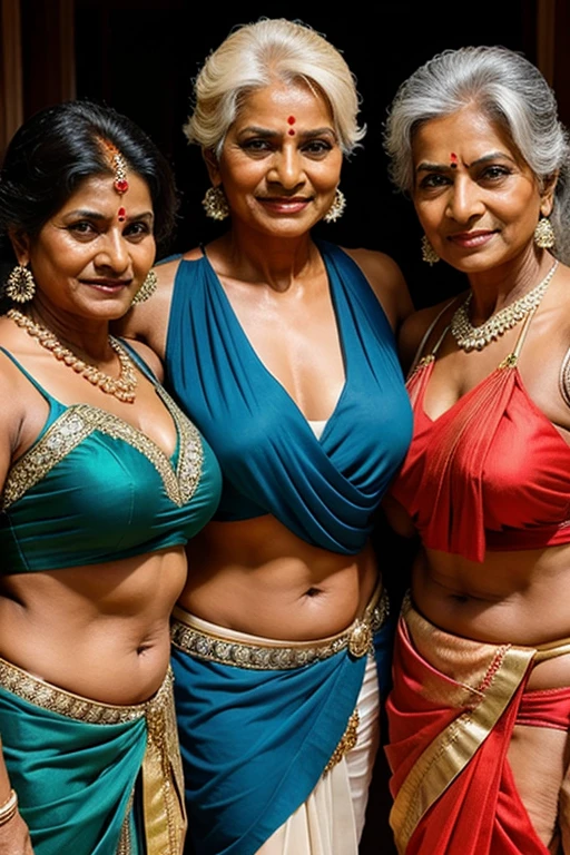 a group of indian strong muscular old women wearing sarees