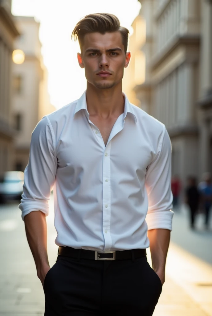 I man with young looking face but mature at the same time with his middle part hair pair with his long sleeved polo and black trouser pants and tall, handsome about 19 of age maybe 6foot tall, white skin tone, flawless, two block middle part taper fade hair long