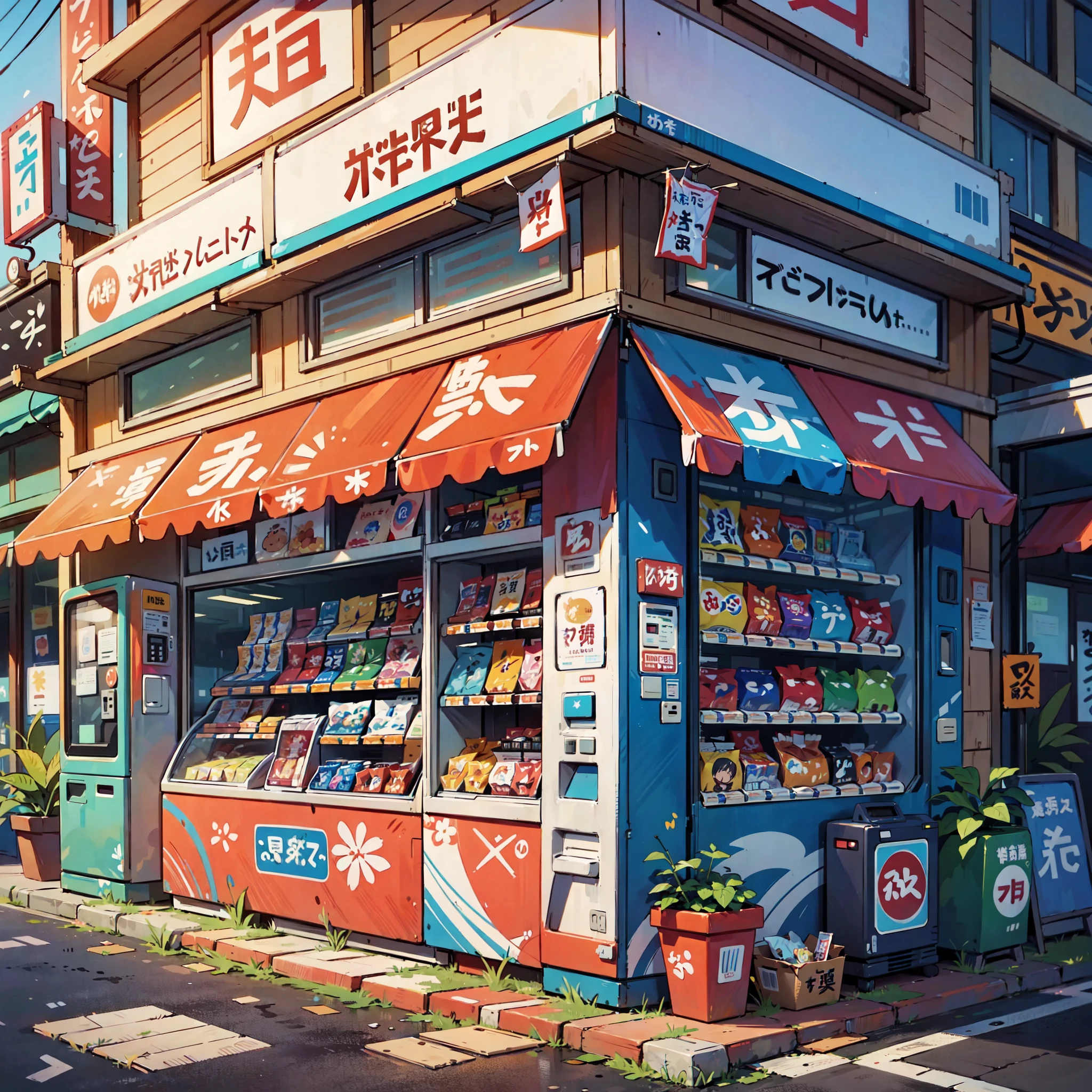 ((modern tokyo convenience store with a big vending machine outside: 1.3)) , ((camera facing the front of the store:1.2)), ((next to a river: 1.2)), detailed anime artwork, urban, tokyo anime scene, ((bright blue sky: 1.0)), extra detailed, very detailed, japanese shop banners, plant pots, trash cans, anime style, anime, lofi, lofi vibe, ((best quality:1.5)), ((masterpiece:1.5)), ((highly detailed:1.3)), ((anime aesthetic:1.2)), ((no one: 1.2)), ((no people: 1.2))
