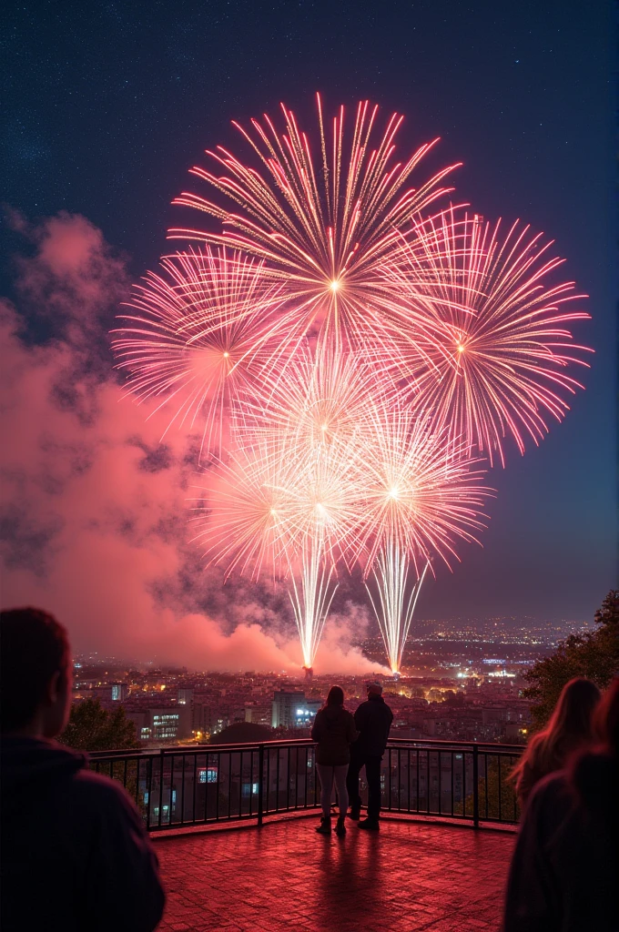 Many large fireworks shooting up into the night sky、Night view、A view from a high platform、8k