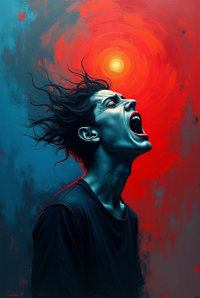 Fallen man, by [Afarin Sajedi, Agnes Cecile, El Bosco], close up, surreal, modernism, dark and moody background, musical notes, fire rising, surrounded by smoke, shadow play, deep contrast, chiaroscuro, vivid colors
