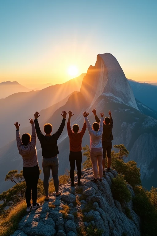Create an inspiring image that embodies the concept of success. Visualize a bright sunrise over a mountain peak, symbolizing new beginnings and achievements. Include a diverse group of people at the summit, celebrating together with arms raised in triumph. Surround them with elements of nature, such as lush greenery and a clear blue sky, to convey a sense of freedom and accomplishment. The overall mood should be uplifting and motivational, highlighting the joy and fulfillment that comes with reaching one's goals."
Share
Rewrite