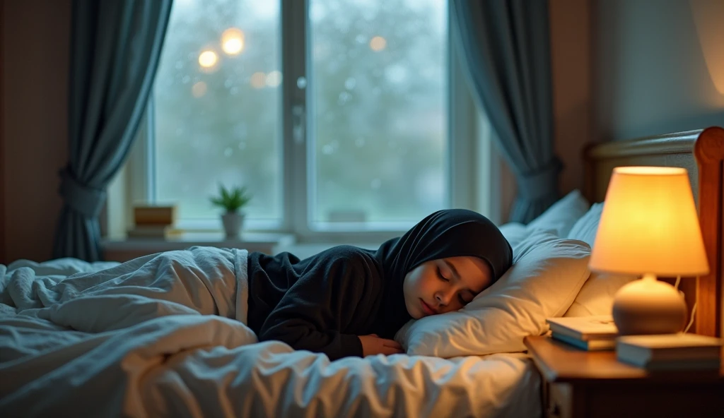 Girl in a black headscarf,Muslim,sleeping soundly in her room.hujan di jendela kaca malam hujan gadis Muslim kaca malam hujan wanita