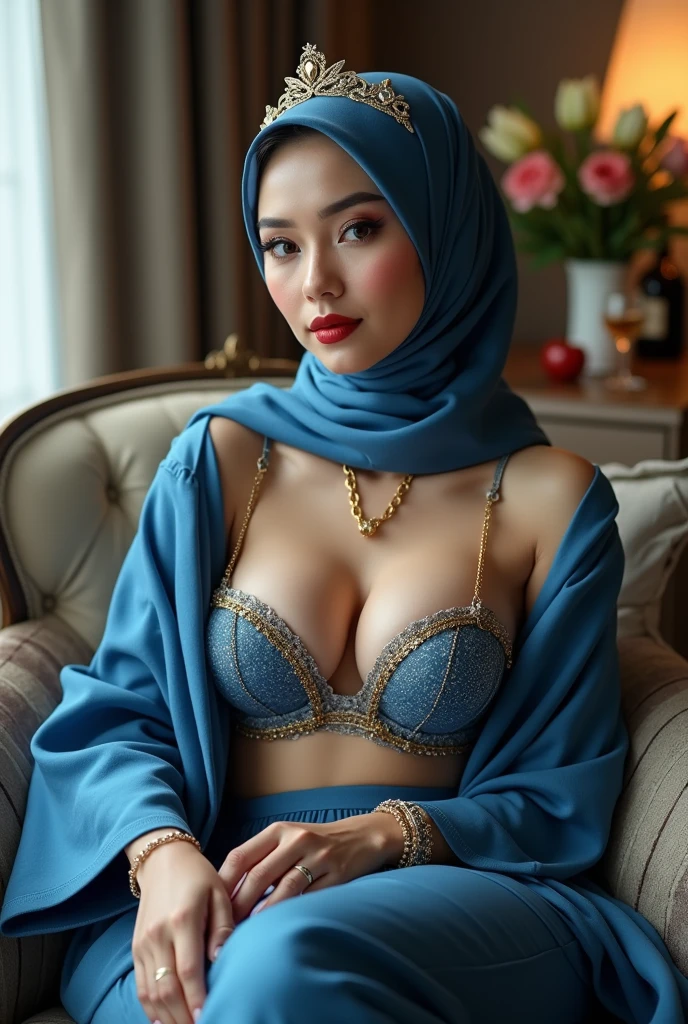 ((no_Pantise:1.5)) (((Full naked and nude Beautiful woman))) (group photo of prostitutes:1.5) (((red lipstick))) (beautifull lady with gigantic breast), wear detail luxury blue hijab, lying on luxury chair, (hand under luxury pillow), (luxury blanket), (window with luxury frame), (luxury flower vase), (luxury small table and glass of wine), (luxury lamp), (luxury parfume bottle), (luxury ornament on the wall), (blue strapless bra), (luxury kimono), (detail luxury garter belt), (luxury stocking), (luxury high heels), (luxury crown), (show cleaveage), (show underboobs) , (show sideboobs), (show thigh), (underboobs ornament), (luxury chest ornament), (luxury arm ornament), (luxury hips ornament), (gigantic breast:1,9), beautifull face, beautifull eyes, beautifull nose, sexy lips, raytracing, nsfw, beautifull fingers, beautifull hands, sexy belly, sexy body, sexy shoulders, sexy legs, sexy hips, (luxury bracelet), (luxury ring), (luxury necklace), white skin, (4 fingers in 1 hand), full body picture, pretty makeup, good lighting, realistic shadow, professional photography, blue and gold color scheme, 4k resolution, perfect anatomy, nsfw, nipples. (((red lipstick))) Craft an outstanding portrait that celebrates the beauty and individuality of a Malay girl in a hijab. Showcase her personality and story through creative composition and lighting. Use natural light or unique artificial lighting to add depth and character to the portrait. Pay attention to the details, perfect hijab style, colourful hijab style (((Malay prostitute, Malay gorgeous, Malay beauties))), ((Brown eyes)), hers vagina in Vaginal_chrome (chained choker_linked_rod:1.4), (((hairy covers the pubic area: 1.6))), (closeup the vagina), ((exposed naked uterus)), (Erotic:1.5), ((sharp focus)), (looking at viewer)