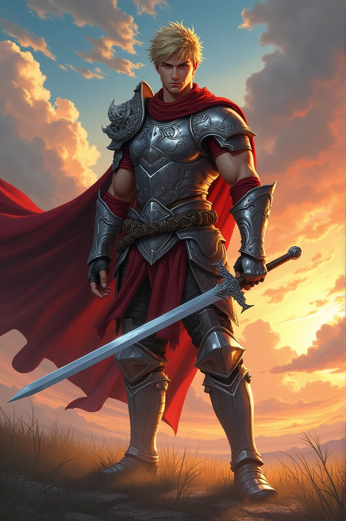 Hold the sword diagonally to the right male Don't ride a horse armor Stand with legs spread Hanging eyes Blonde Anime illustration
