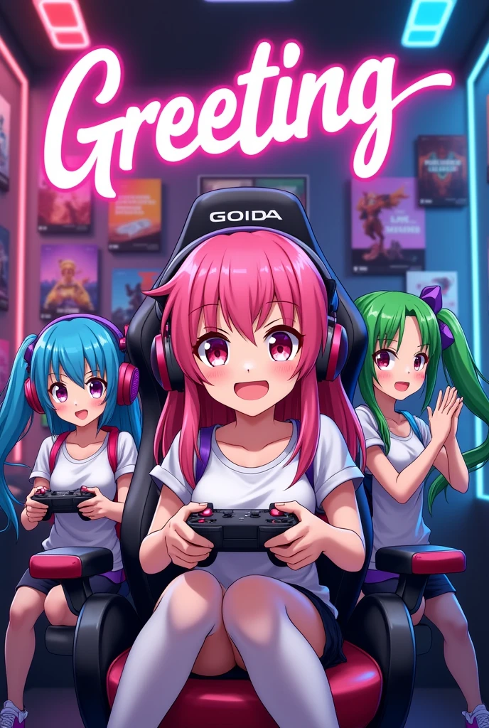 Make a logo of an anime girl playing games, add 3 more girls for the template, and the text Greeting 