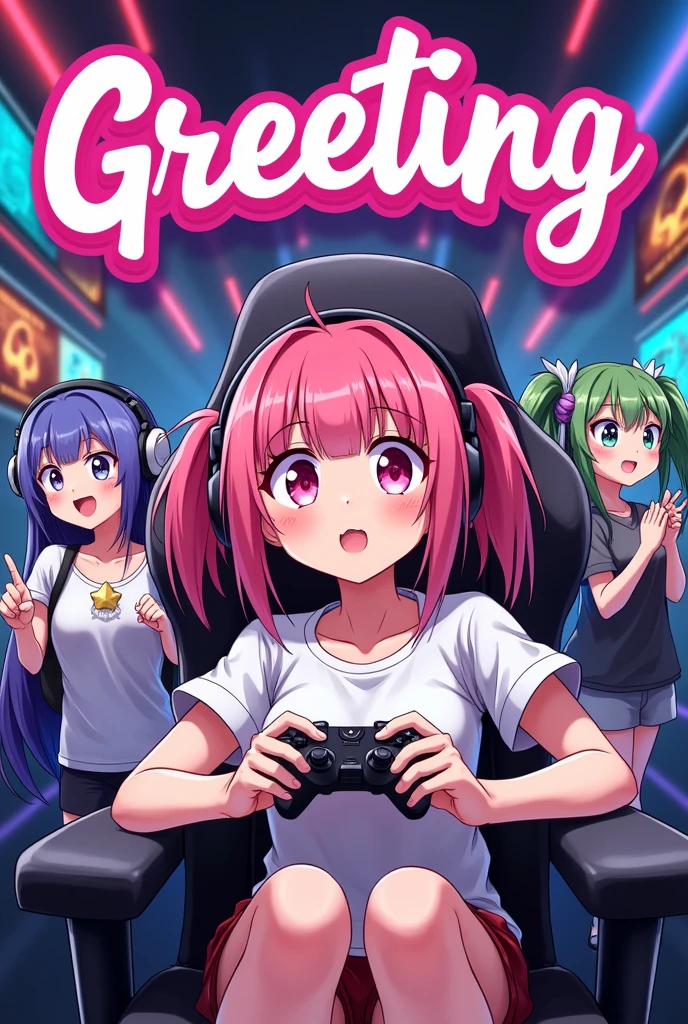 Make a logo of an anime girl playing games, add 3 more girls for the template, and the text Greeting 