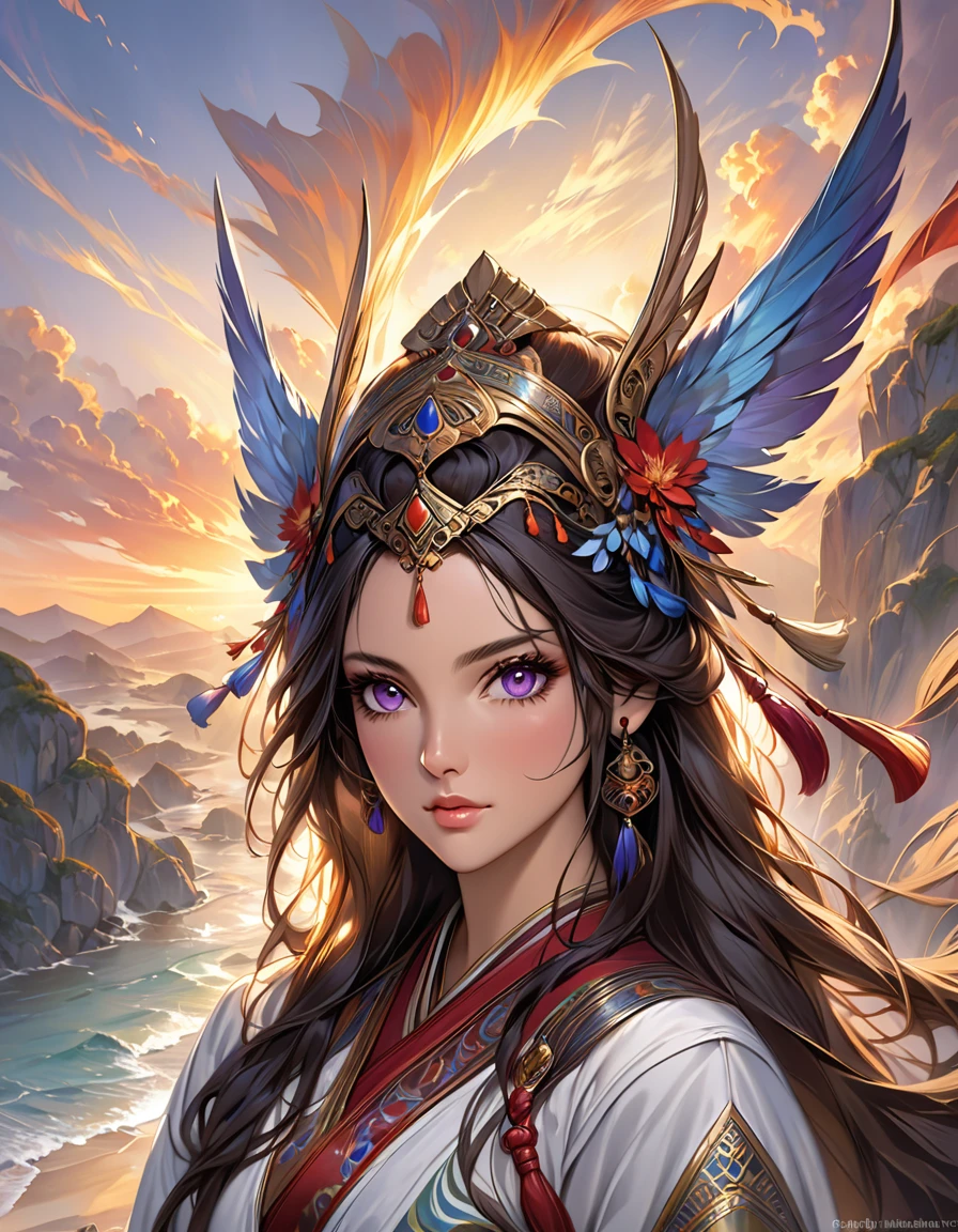 A woman wearing a mask and purple hair stands in front of a sunset, inspirado em Magali Villeneuve, Oriental Face, pintura de personagem bonita, Estilo de arte oriental, arabian art, 8k arte detalhada de alta qualidade, epic fantasy art portrait, epic exquisite character art, regal and menacing visage, detailed face of an arabic woman, Graphic artist Magali Villeneuve