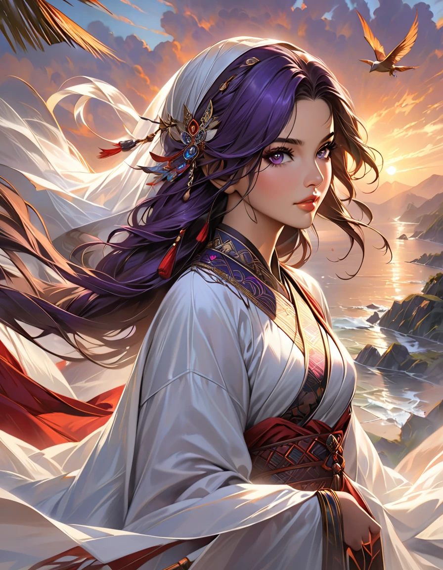 A woman wearing a mask and purple hair stands in front of a sunset, inspirado em Magali Villeneuve, Oriental Face, pintura de personagem bonita, Estilo de arte oriental, arabian art, 8k arte detalhada de alta qualidade, epic fantasy art portrait, epic exquisite character art, regal and menacing visage, detailed face of an arabic woman, Graphic artist Magali Villeneuve