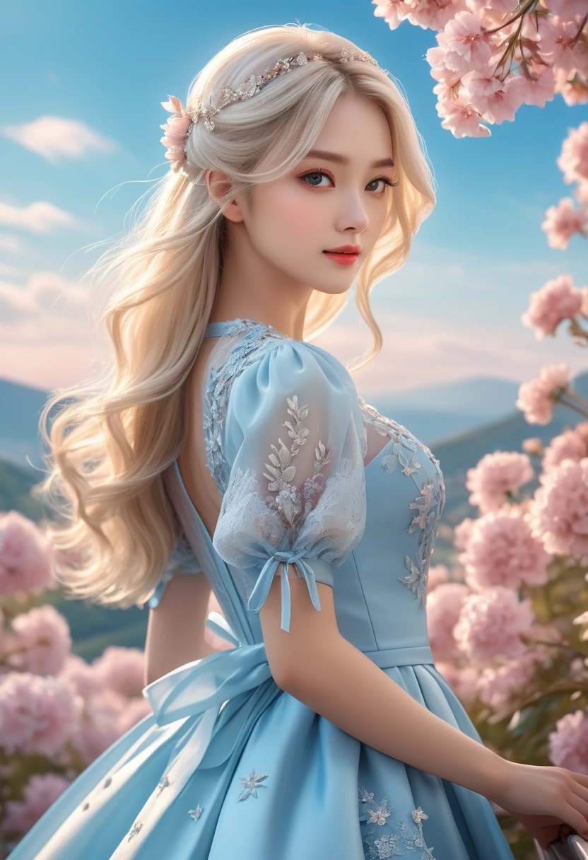 starry, mysterious and beautiful scenery, flowers, natural light, Light and brightness. glossy, rich platinum blonde hair_straight long hair, pastel sky blue dress_lace puff sleeves, detailed Details, (best quality, 4K, 8k, high resolution, masterpiece: 1.2), (Upper body close-up angle), (very detailed, realistic: 1.37), The film is composed of soft lighting., dramatic mood lighting, vivid colors, dreamy, subtle magic, Details, quiet, fragile, elegant, cinematic, dramatic, great composition.