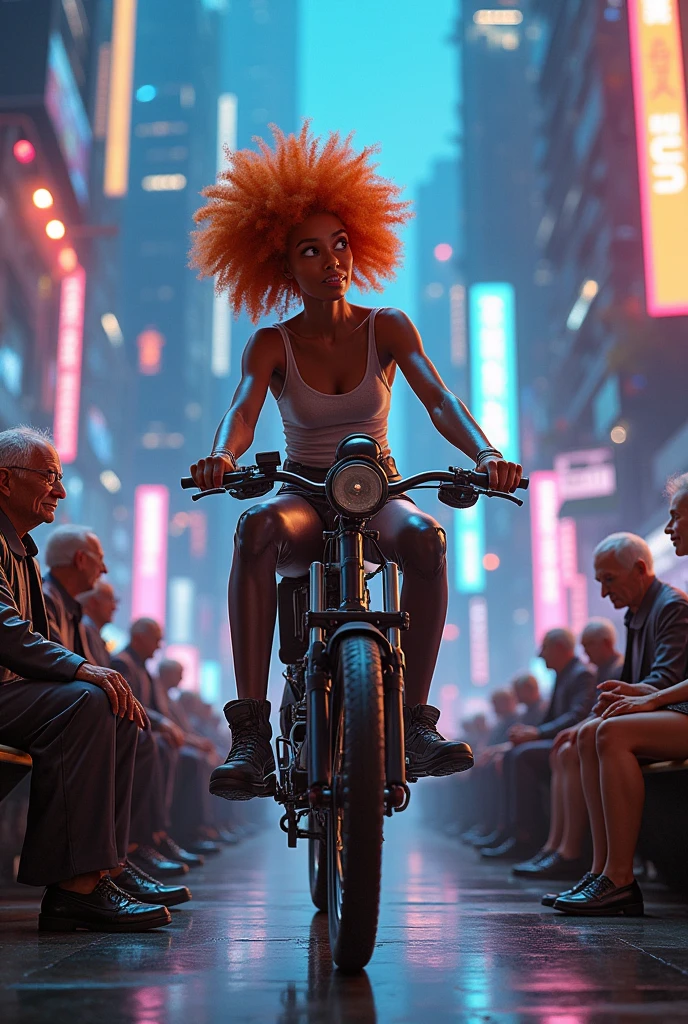 A light-skinned Black woman with orange afro hair riding alongside a thin man with straight hair., two elderly people in a futuristic setting 