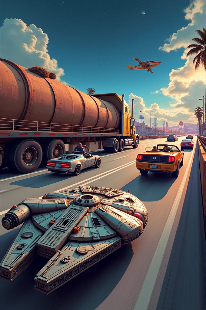 Ah, the infamous 405 freeway—the bane of many a galactic traveler! 🚀🛣️
Picture this: The Millennium Falcon, sleek and battle-worn, wedged between a semi-truck hauling Wookiee-sized cargo and a speeder bike with a malfunctioning hyperdrive. Han Solo, leaning out the cockpit window, gestures wildly at the droids.