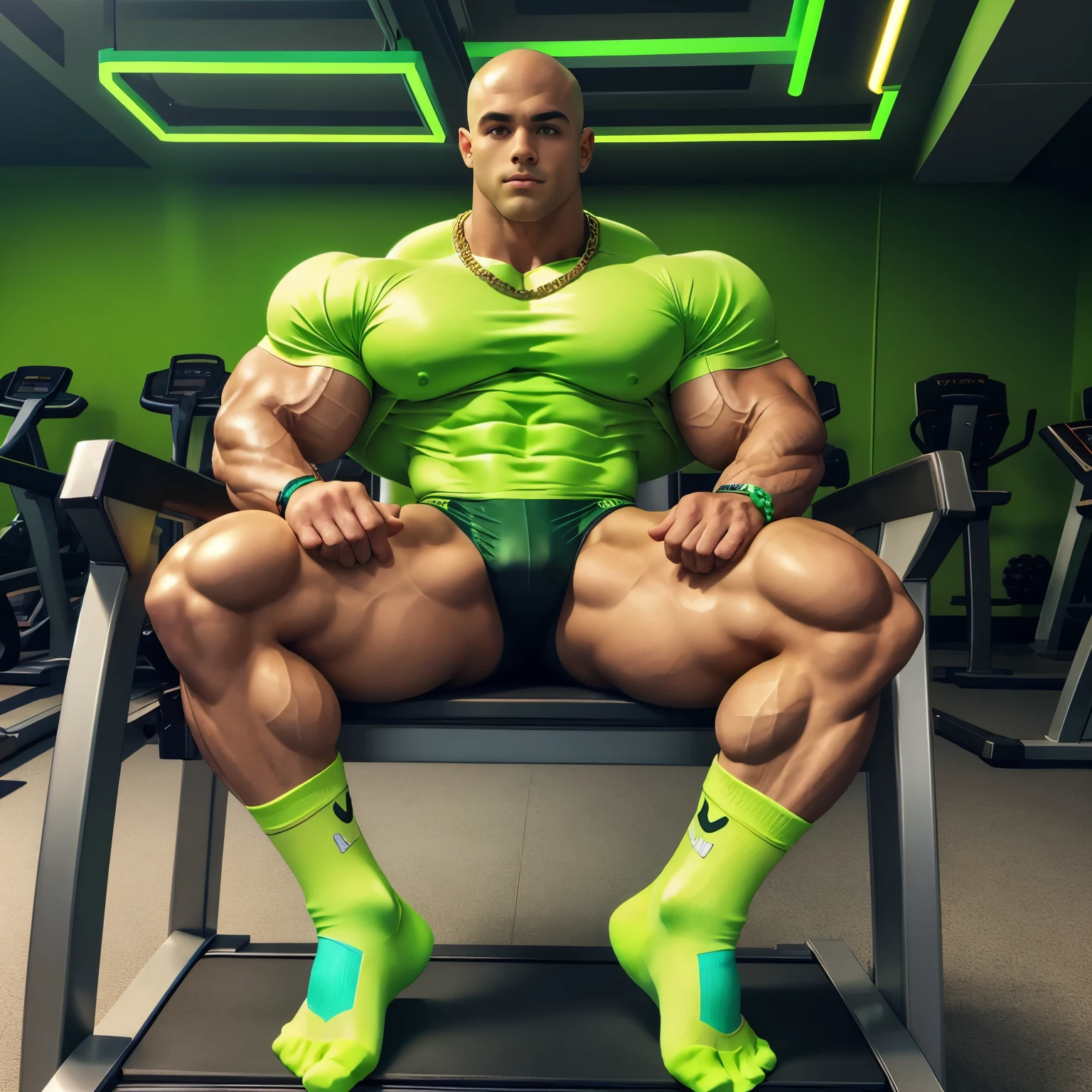 full view, full body, one handsome young artificially tanned white bald over-muscular man in neon-green nylon socks, shirtless wearing neon-green lycra leggings and neon-green sheer socks, no shoes, gold chains, bracelets, rings, arrogantly sitting on bench in his neon-green sheer socks next treadmill in gym, next other one very young and slim bodybuilder 14 yo kid admiring him. his neon-green sheer socks look silky and are visible on the foreground
