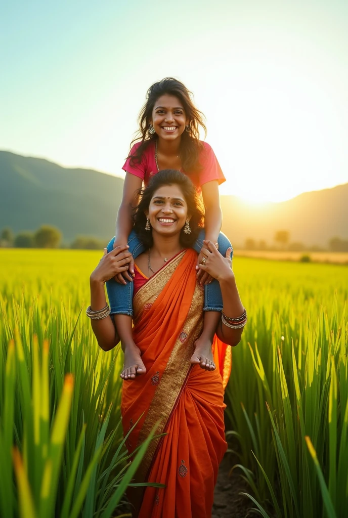 Create a realistic photograph of a smiling and beautiful indian actress in silk saree is carrying a large stout man on her shoulders in a paddy farm, man is sitting on top of her shoulders , man on top, woman standing at bottom
