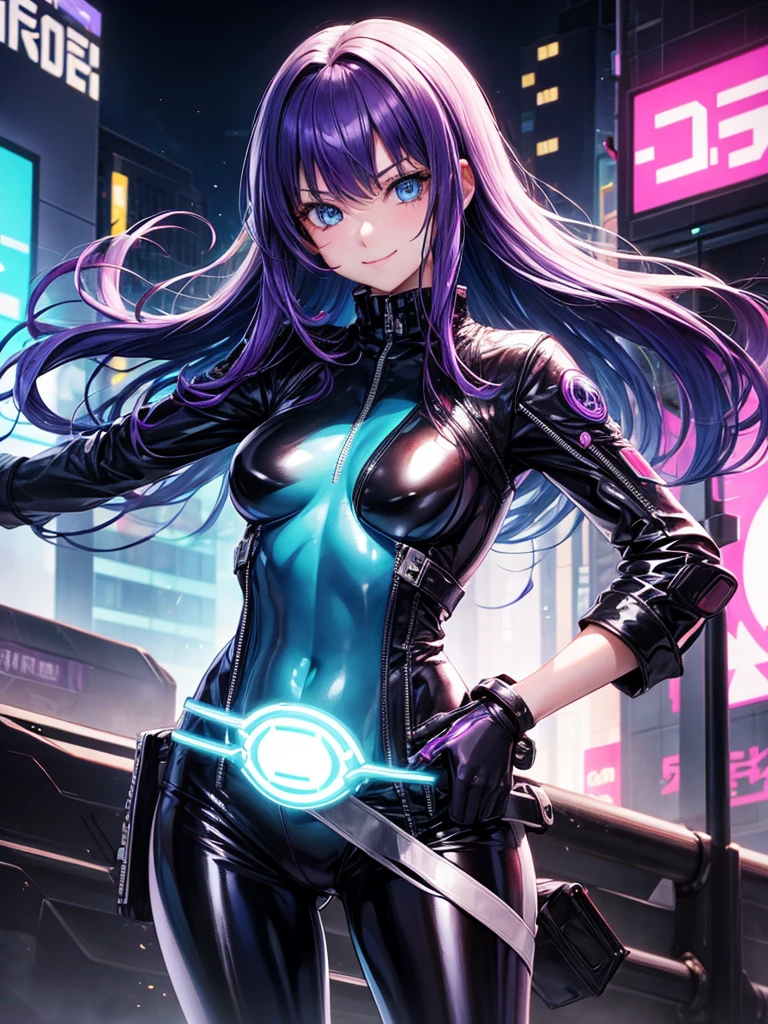 Best Quality,8k,middle School girls,Colorful latex suit,Bodysuits,smile,Robot fighter,I'm grating my bangs,SF,Straight Hair,fur jacket,Hands in pockets,Leather pants,perfectionにまっすぐな髪型,Smooth hair,Purple hair color,beautiful girl,blue eyes,Standing posture,Cyberpunk Girl,Naughty,model,Absurd,Wearing,I'm horny,Naughty,masterpiece,perfection,smile,Long Hair,