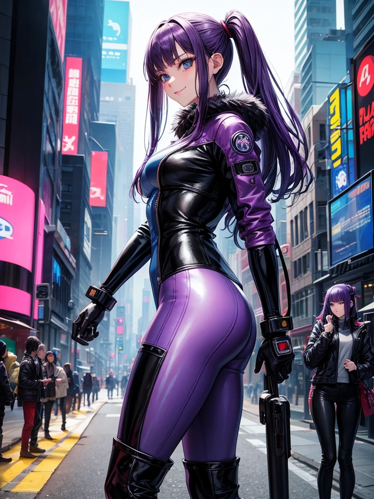 Best Quality，8k，middle School girls，Colorful latex suit，Bodysuits，smile，Robot fighter，I'm grating my bangs，ＳＦ，Straight Hair，fur jacket，Hands in pockets，Leather pants，perfectionにまっすぐな髪型，Smooth hair，Purple hair color，beautiful girl，blue eyes，Standing posture，Cyberpunk Girl，Naughty，model，Absurd，Wearing，I&#39;m horny，Naughty，masterpiece，perfection，smile，Long Hair，