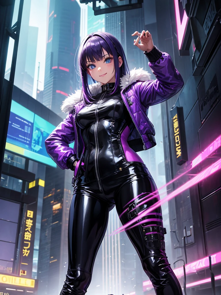 Best Quality,8k,middle School girls,Colorful latex suit,Bodysuits,smile,Robot fighter,I'm grating my bangs,SF,Straight Hair,fur jacket,Hands in pockets,Leather pants,perfectionにまっすぐな髪型,Smooth hair,Purple hair color,beautiful girl,blue eyes,Standing posture,Cyberpunk Girl,Naughty,model,Absurd,Wearing,I'm horny,Naughty,masterpiece,perfection,smile,Long Hair,