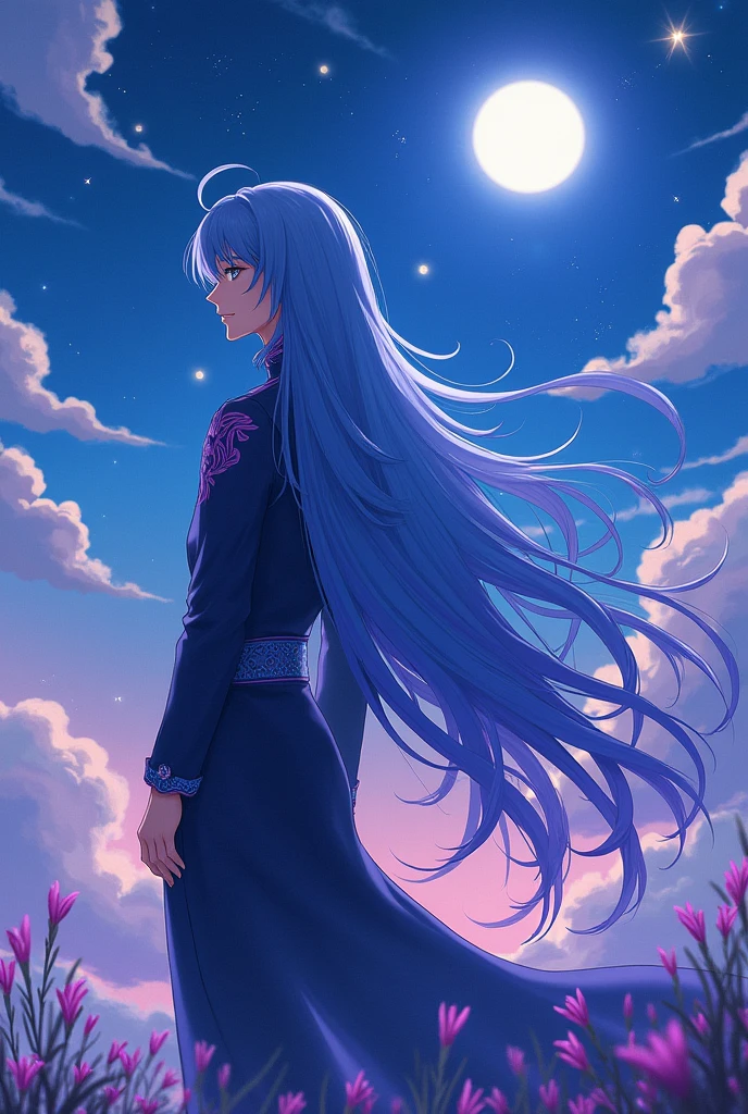 A tall male with long hair in anime style, with a woman's face and his right eye hidden.