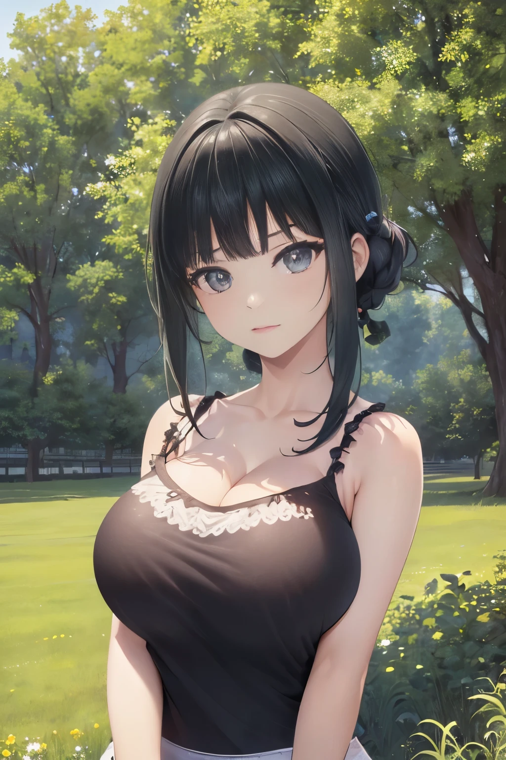 masterpiece，High resolution，Highest quality，In the grassland, (Portrait), Upper body photo, Cute Face，((Facing forward))、Black Hair、((Shooting from the front:1.5)), ((Tight camisole:1.5)), ((Big Breasts:1.5)), See-through nipples