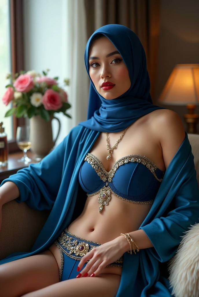 ((no_Pantise:1.5)) (((Full naked and nude Beautiful woman))) (group photo of prostitutes:1.5) (((red lipstick))) (beautifull lady with gigantic breast), wear detail luxury blue hijab, lying on luxury chair, (hand under luxury pillow), (luxury blanket), (window with luxury frame), (luxury flower vase), (luxury small table and glass of wine), (luxury lamp), (luxury parfume bottle), (luxury ornament on the wall), (blue strapless bra), (luxury kimono), (detail luxury garter belt), (luxury stocking), (luxury high heels), (luxury crown), (show cleaveage), (show underboobs) , (show sideboobs), (show thigh), (underboobs ornament), (luxury chest ornament), (luxury arm ornament), (luxury hips ornament), (gigantic breast:1,9), beautifull face, beautifull eyes, beautifull nose, sexy lips, raytracing, nsfw, beautifull fingers, beautifull hands, sexy belly, sexy body, sexy shoulders, sexy legs, sexy hips, (luxury bracelet), (luxury ring), (luxury necklace), white skin, (4 fingers in 1 hand), full body picture, pretty makeup, good lighting, realistic shadow, professional photography, blue and gold color scheme, 4k resolution, perfect anatomy, nsfw, nipples. (((red lipstick))) Craft an outstanding portrait that celebrates the beauty and individuality of a Malay girl in a hijab. Showcase her personality and story through creative composition and lighting. Use natural light or unique artificial lighting to add depth and character to the portrait. Pay attention to the details, perfect hijab style, colourful hijab style (((Malay prostitute, Malay gorgeous, Malay beauties))), ((Brown eyes)), hers vagina in Vaginal_chrome (chained choker_linked_rod:1.4), (((hairy covers the pubic area: 1.6))), (closeup the vagina), ((exposed naked uterus)), (Erotic:1.5), ((sharp focus)), (looking at viewer)